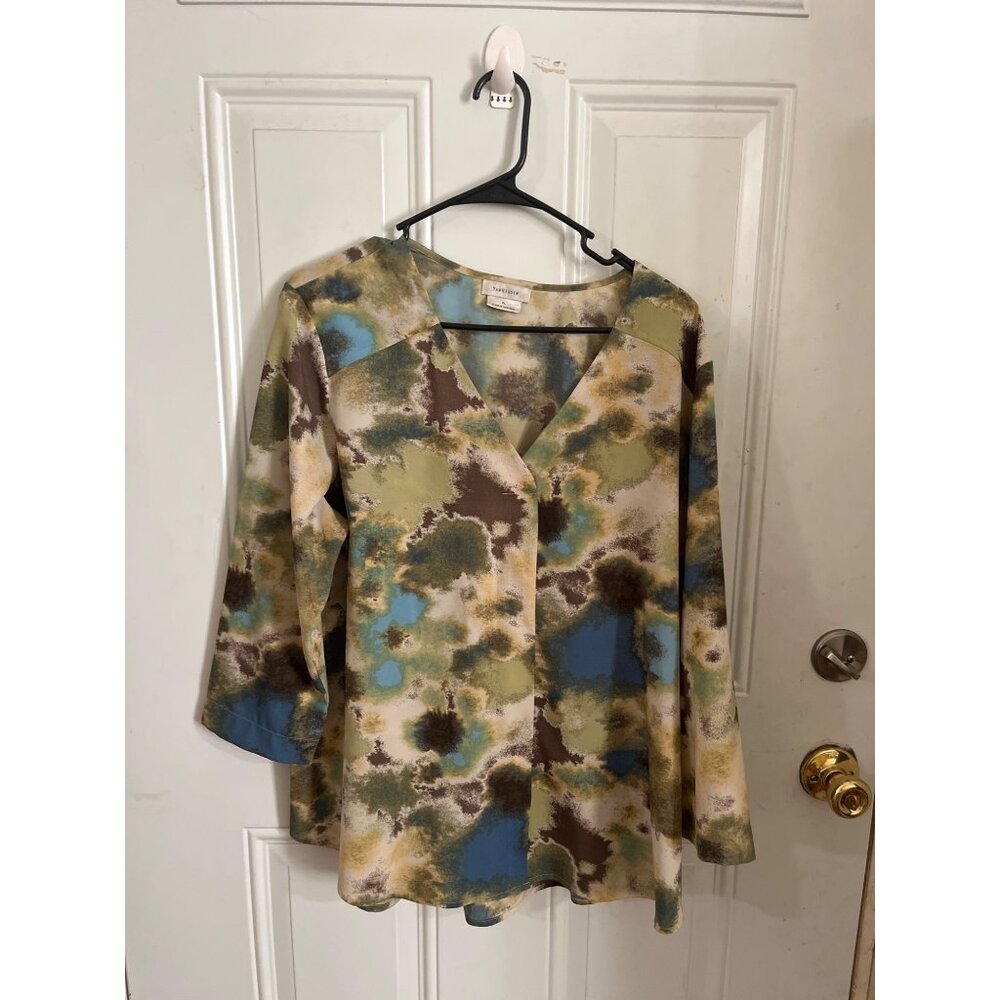Van Heusen 3/4 sleeved green blue brown v-neck blouse size XL
